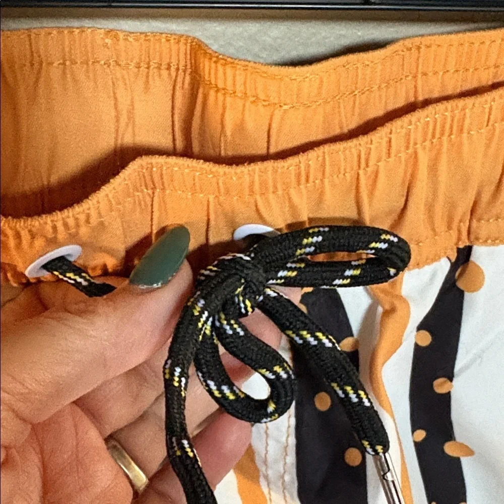 NWT men’s Stylish Orange and Black Striped Swim trunks Shorts size Large